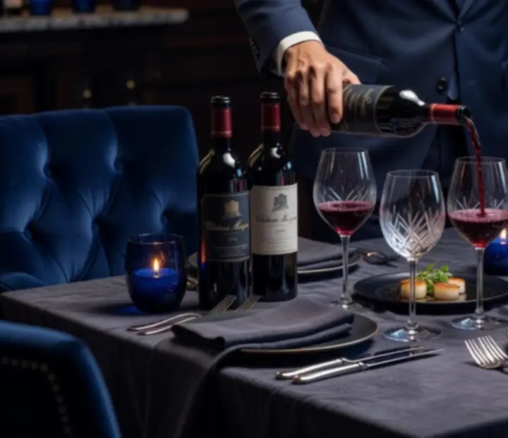 Sommelier nalewający wino podczas kolacji degustacyjnej