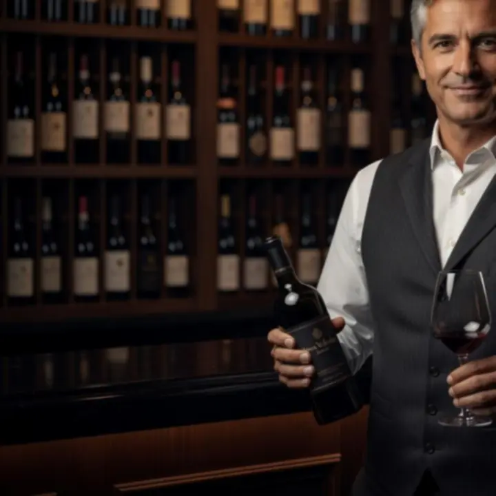 Sommelier Novaveloriax w eleganckim, wieczornym oświetleniu, trzymający kieliszek czerwonego wina