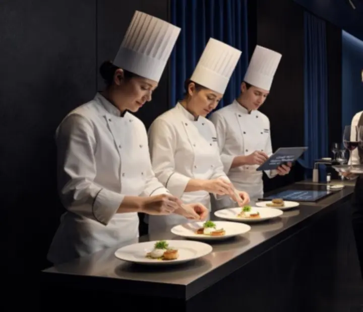 Zespół obsługi niosący talerze i kieliszki w eleganckiej, wieczornej restauracji